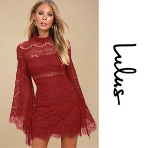Lulu's Red Lace High-Neck Bell-Sleeve Mini Dress